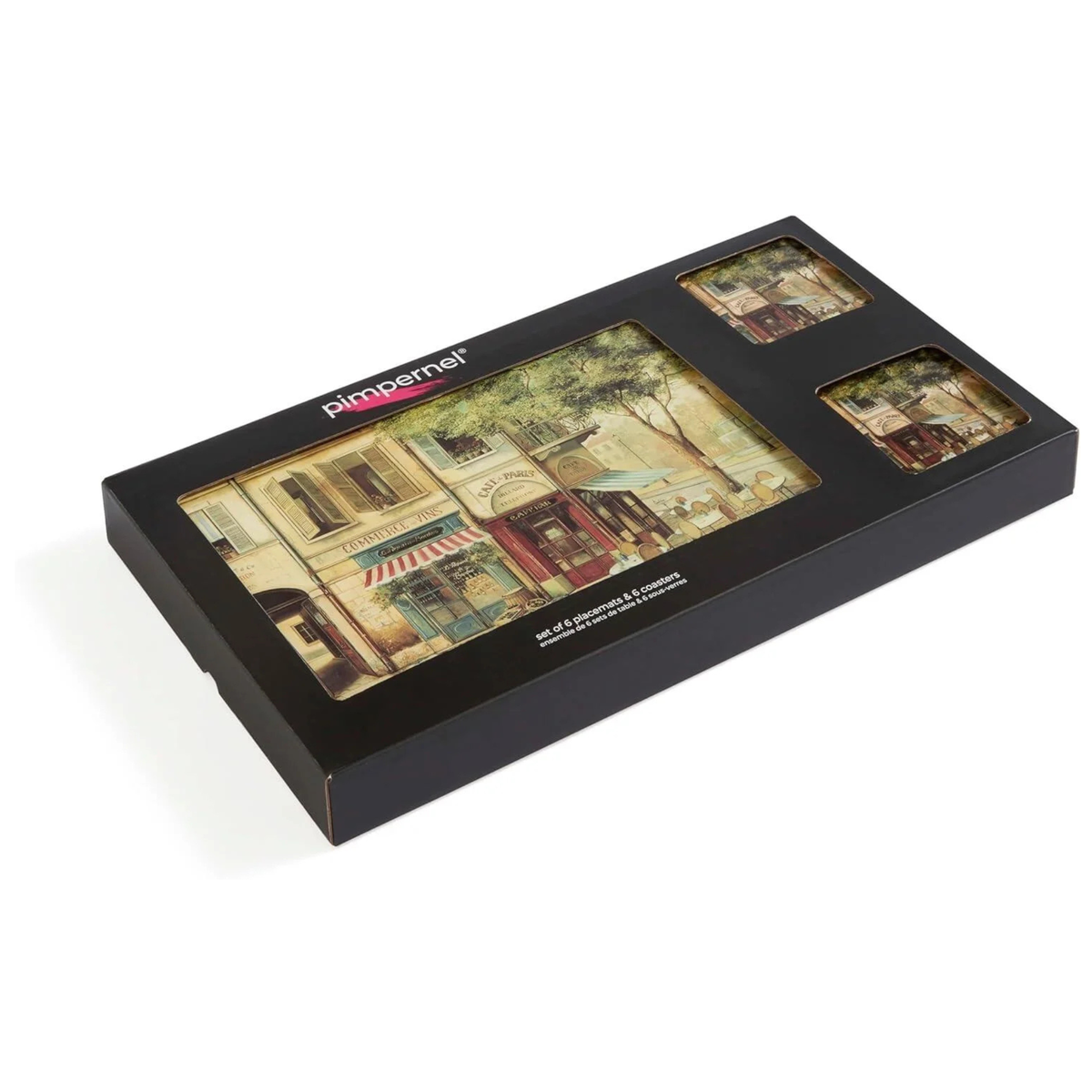 Pimpernel boxed dining set of six cork-backed placemats and six matching coasters featuring a Parisian street café scene