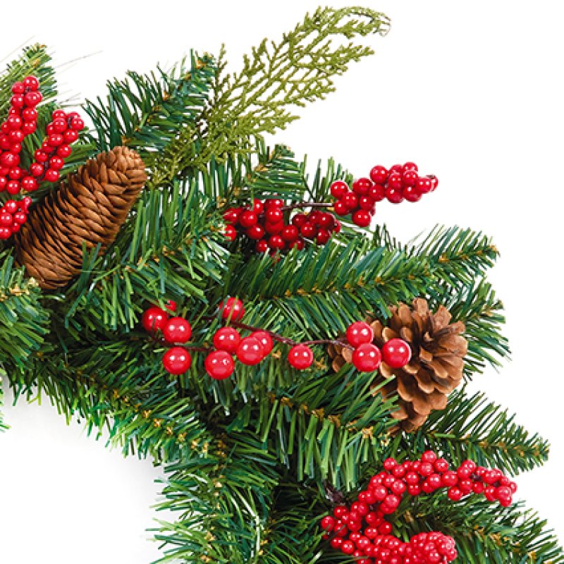 Premier 50cm Cone and Berry PVC Christmas Wreath with red berries and pine cones.