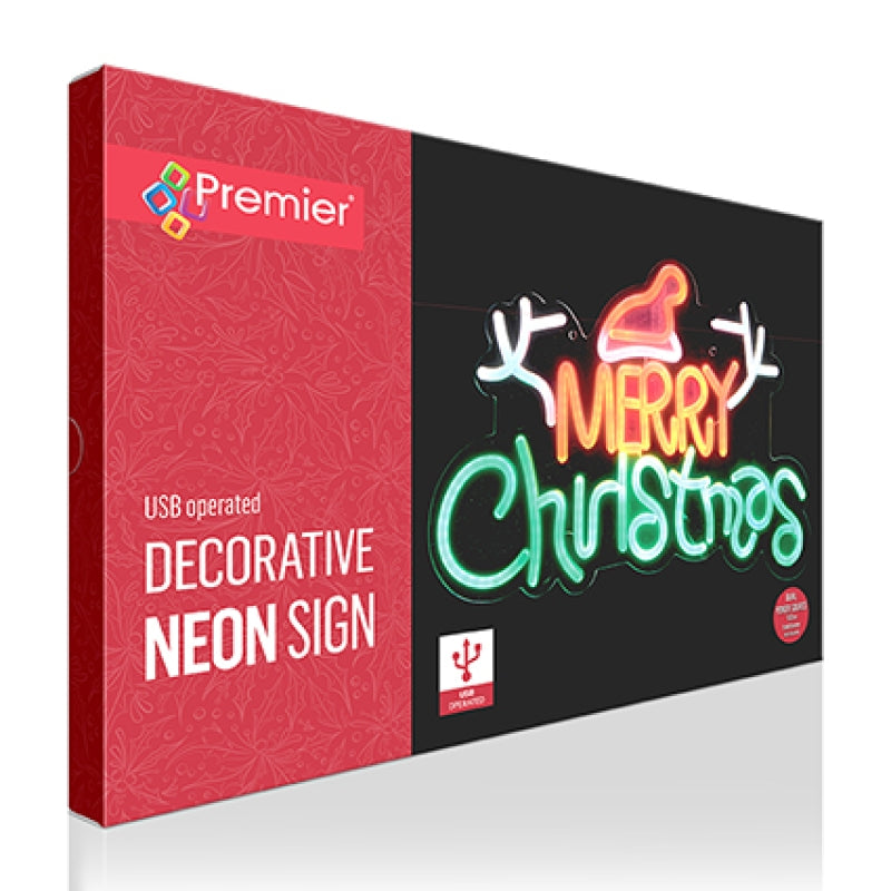 Premier 40cm USB lit Merry Christmas neon hanging sign with Santa hat glowing in green, red, and orange.