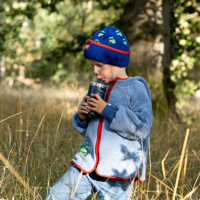 Kids green Tractor Ted knitted beanie hat with embroidered front badge and turn-up cuff