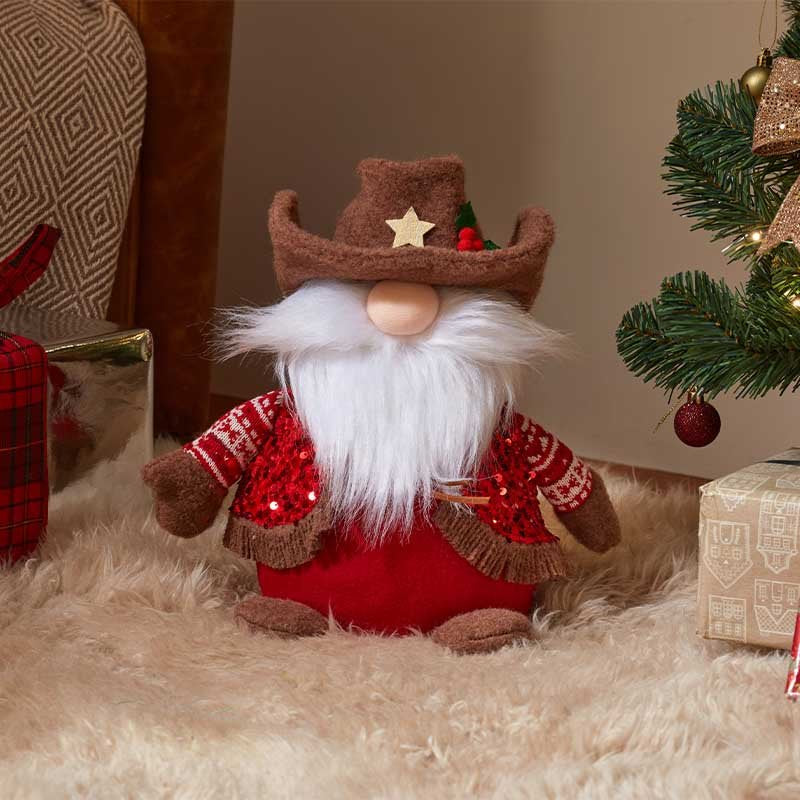Smart Garden Howdy Gonk seated plush Christmas decoration wearing a cowboy hat and red sequined jacket
