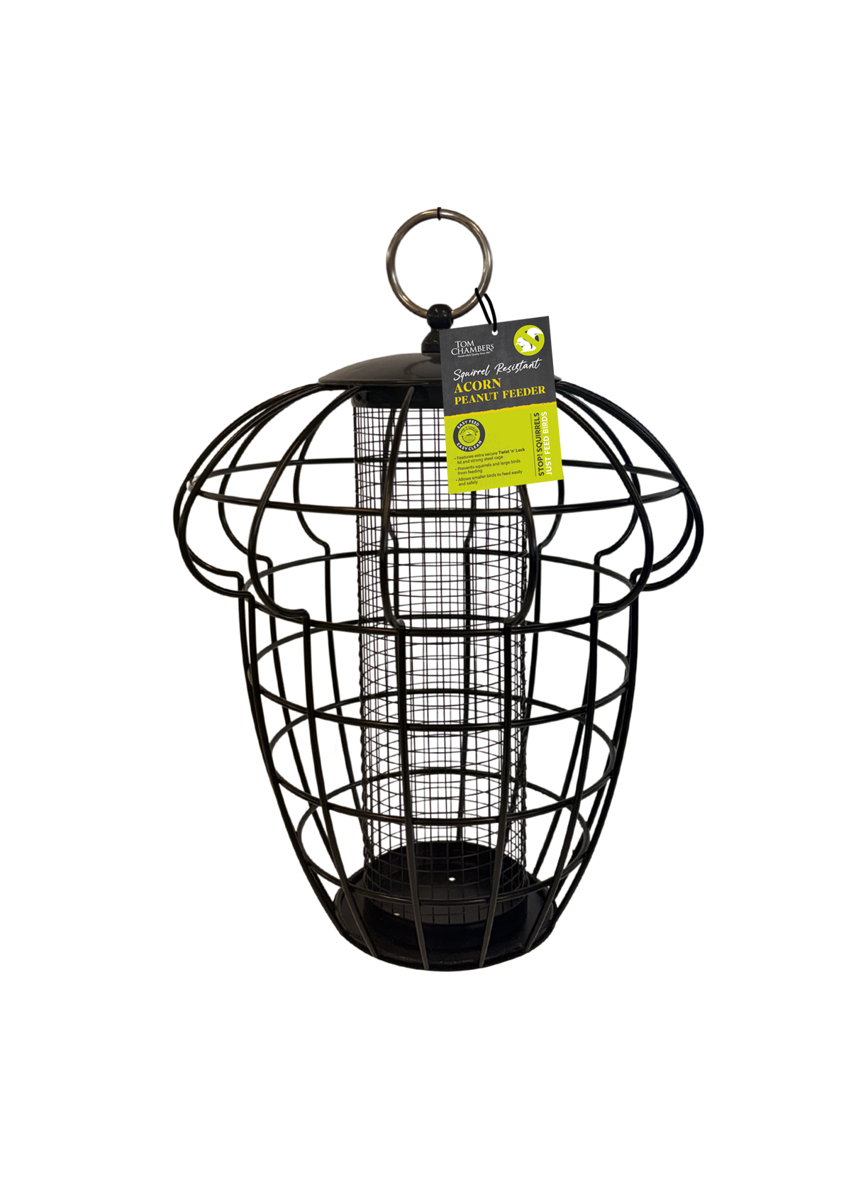 Tom Chambers Squirrel Resistant Acorn Peanut Feeder with inner mesh tube against a black background.