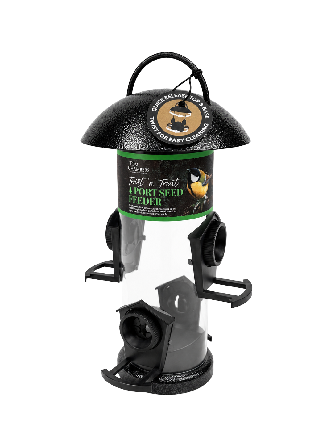 Tom Chambers Twist 'n' Treat 4 Port Seed Feeder with black dome roof against a white background.