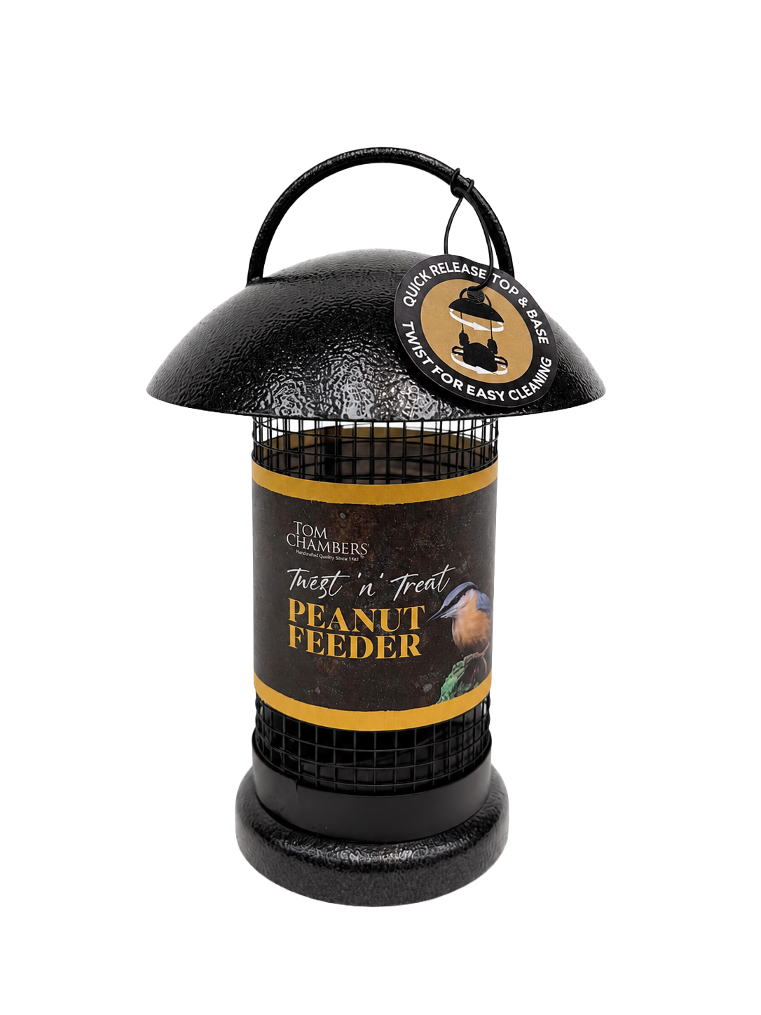 Tom Chambers Twist 'n' Treat Peanut Feeder with black dome roof and metal wire mesh tube.