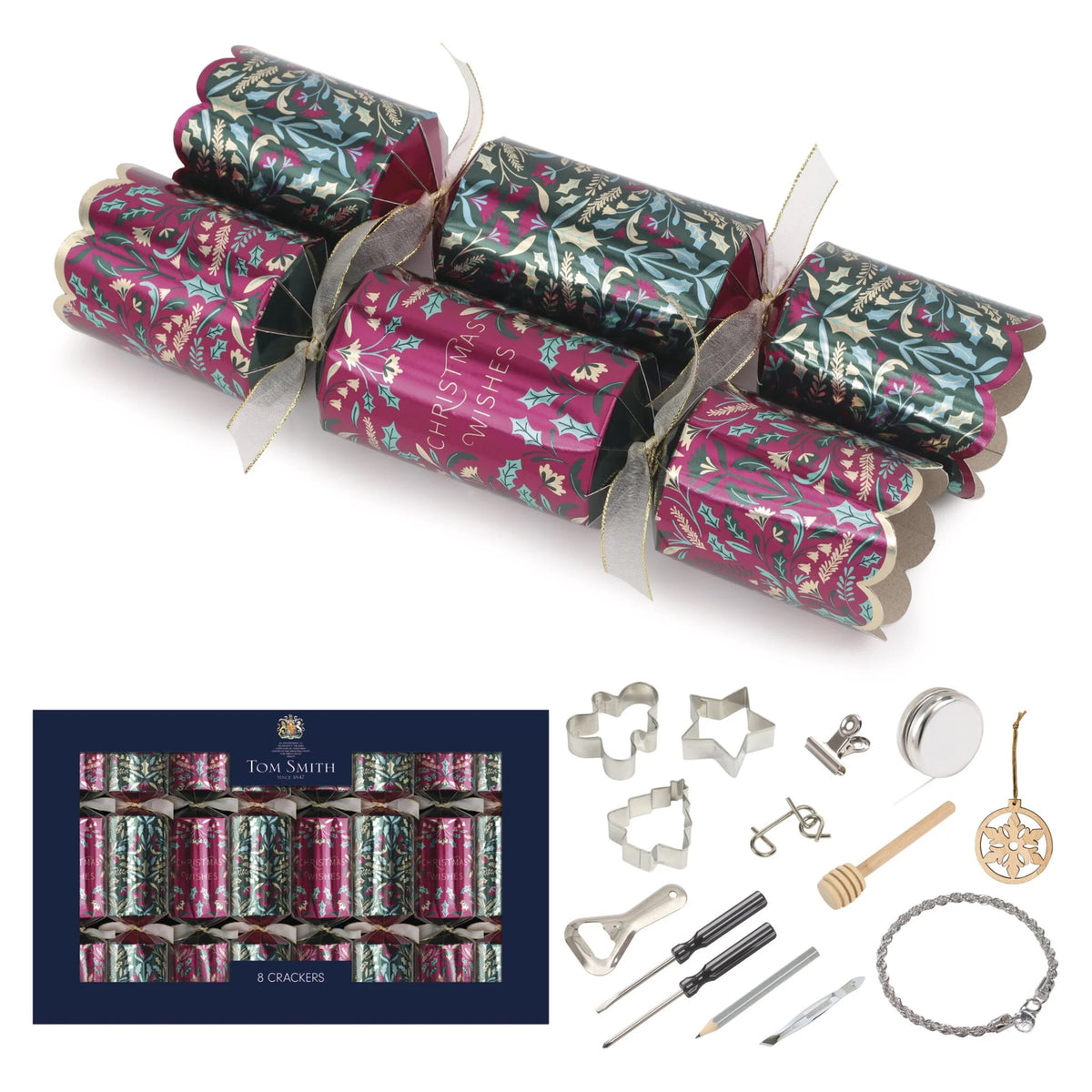 Tom Smith box of 8 Deluxe Jewel Christmas crackers with satin ties and included eco-friendly gifts.
