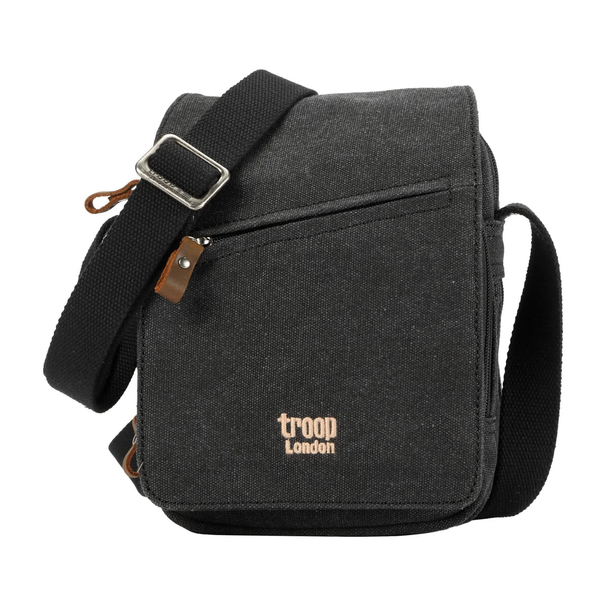 Troop London classic black stonewashed canvas across body bag with leather trim and adjustable shoulder strap