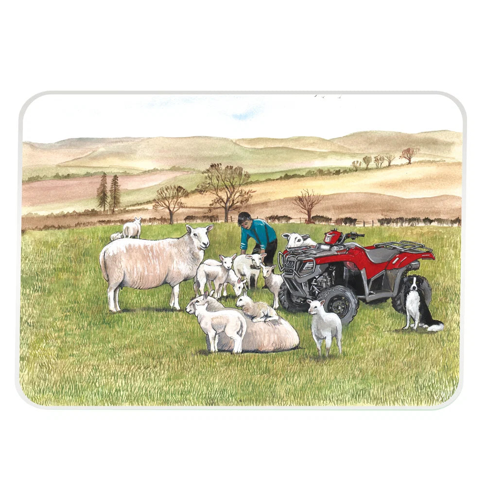 Tuftop glass worktop protector featuring an illustration of a farmer with a red quad bike, sheepdog, and sheep in a field.