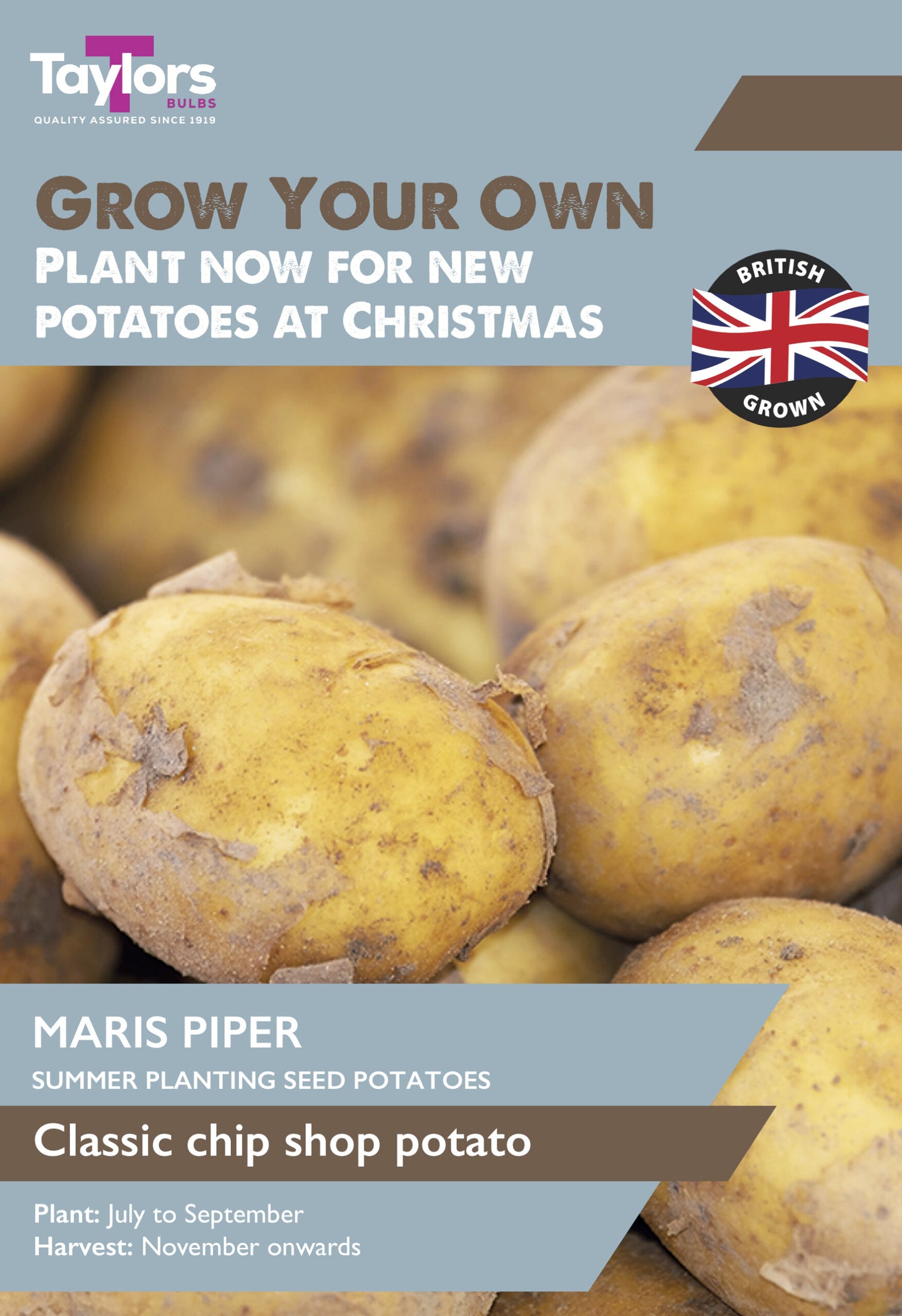 Taylors Bulbs Maris Piper Summer Planting Seed Potatoes retail pack showing a group of freshly harvested golden-skinned Maris Piper potatoes with a British flag icon.