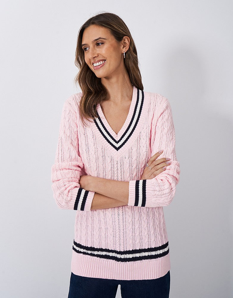 V Neck Cricket Jumper With Blue Stripe Crew Clothing Cable Knit
