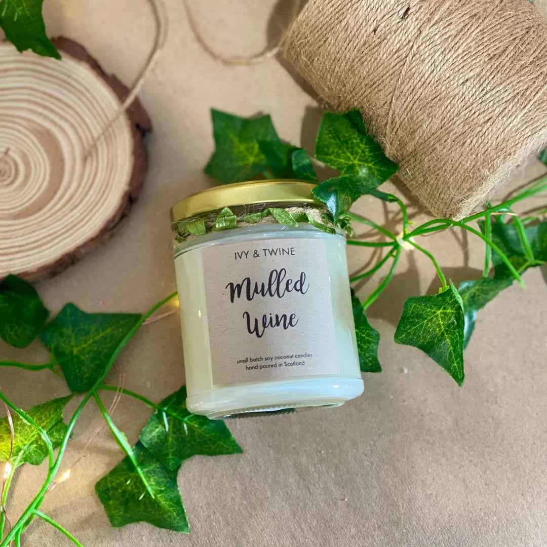 Ivy & Twine Mulled Wine 190g scented candle in clear glass vessel with decorative packaging box