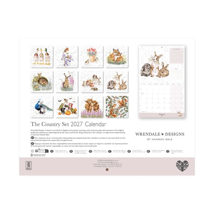 Wrendale Designs The Country Set 2027 landscape calendar showing monthly grid layout and fox illustration