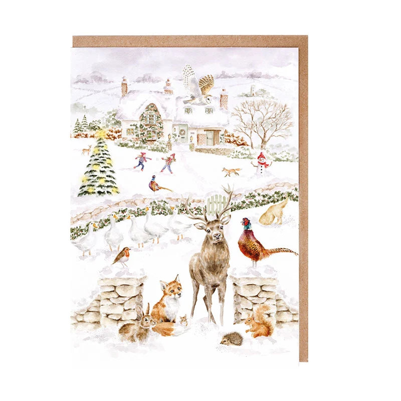 Wrendale Designs Snow Place Like Home notecard pack of 8 featuring watercolour woodland animals in a snowy village scene