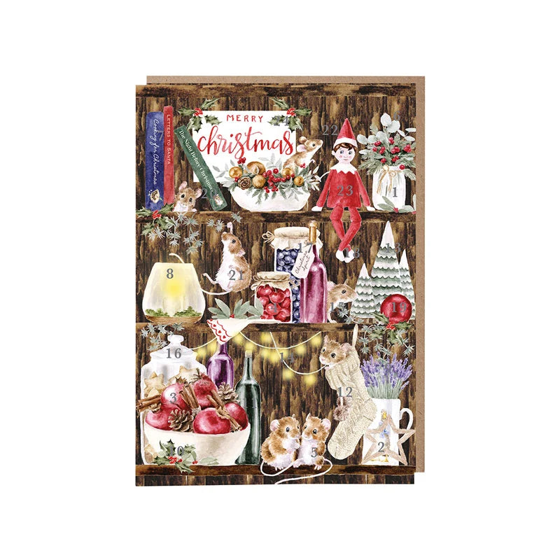 Wrendale Designs The Christmas Pantry advent calendar card showing mice among festive treats on wooden shelves