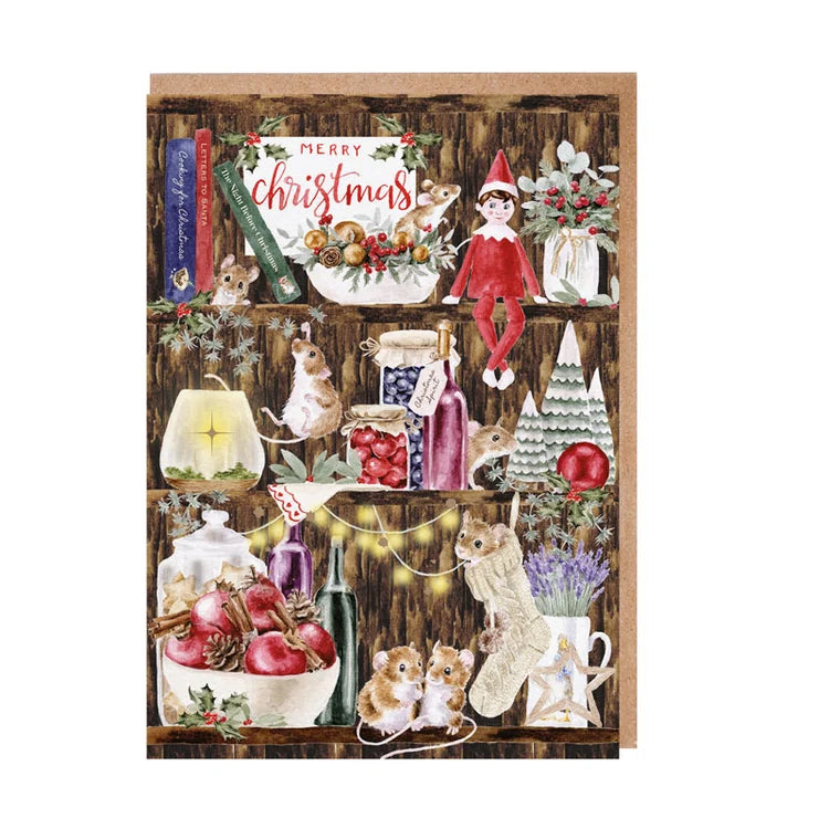 Wrendale Designs The Christmas Pantry notecard pack of 8 featuring watercolour mice on festive kitchen shelves with kraft envelopes