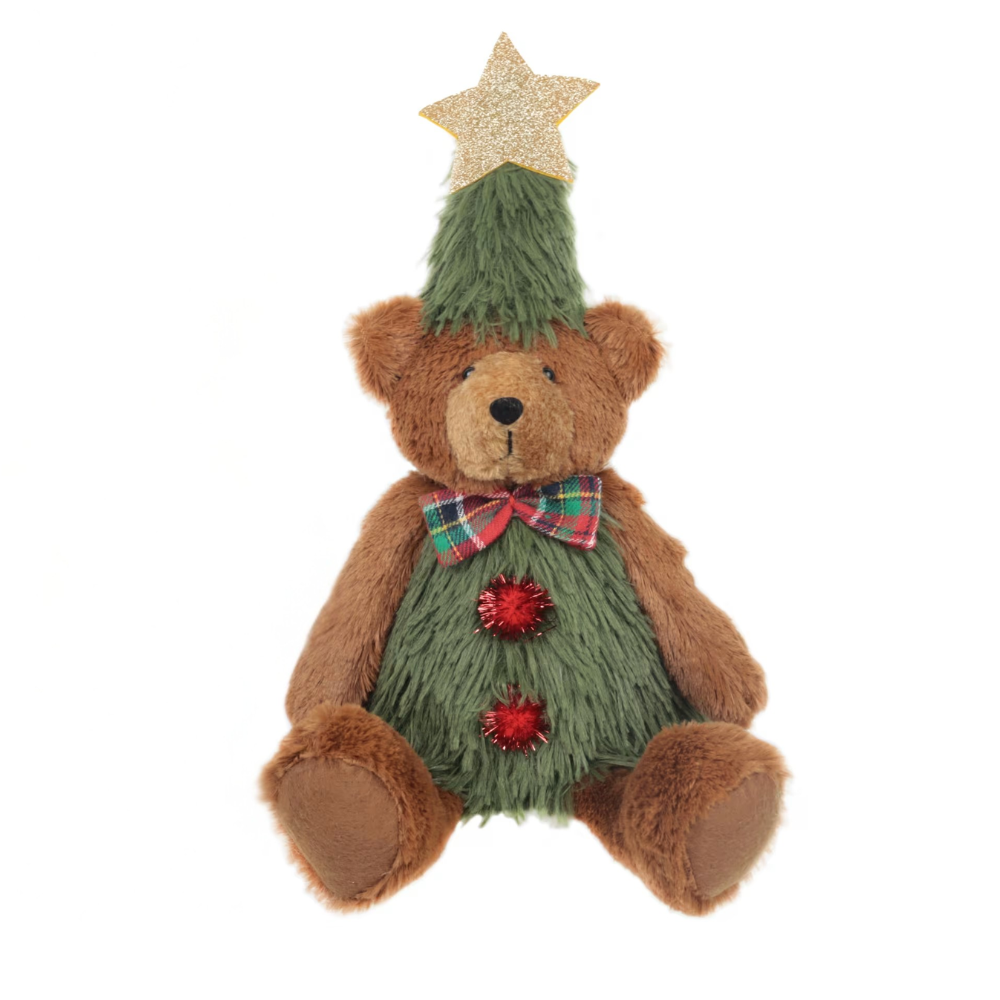 Woodlodge large sitting plush teddy bear in a green Christmas tree outfit with a gold star topper