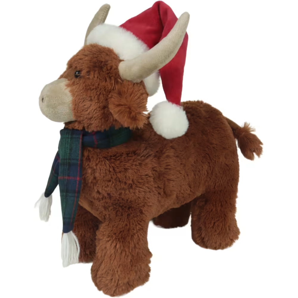 Woodlodge large standing plush Highland cow wearing a red Santa hat and traditional tartan scarf