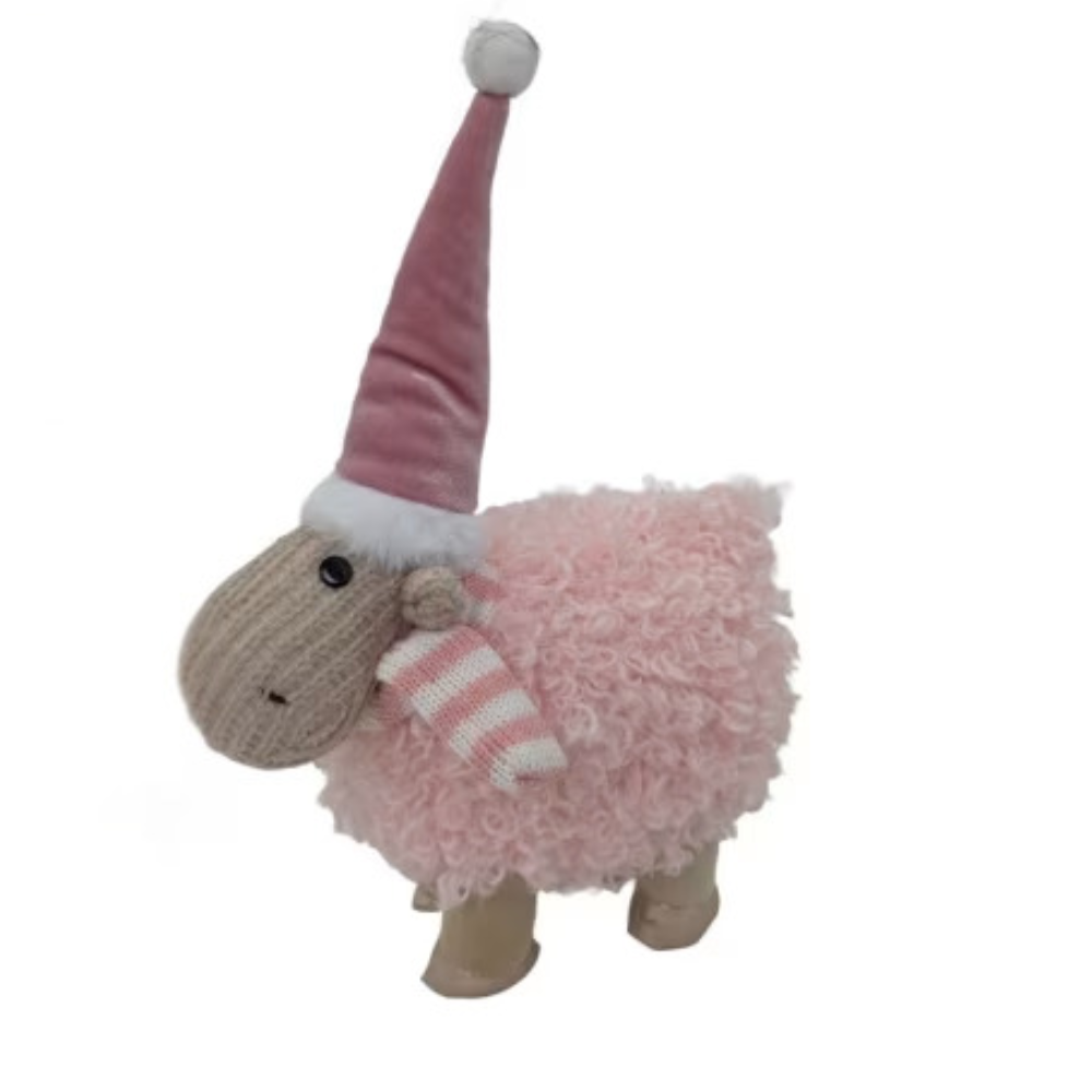 Woodlodge large pink Sadie sheep plush ornament wearing a tall velvet Santa hat and striped scarf