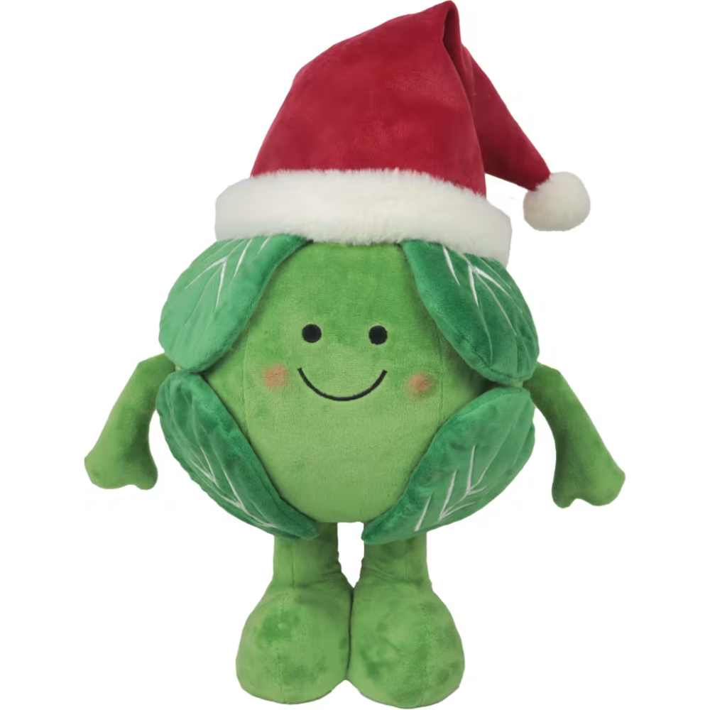Woodlodge large smiling plush Brussels sprout toy wearing a red Santa hat