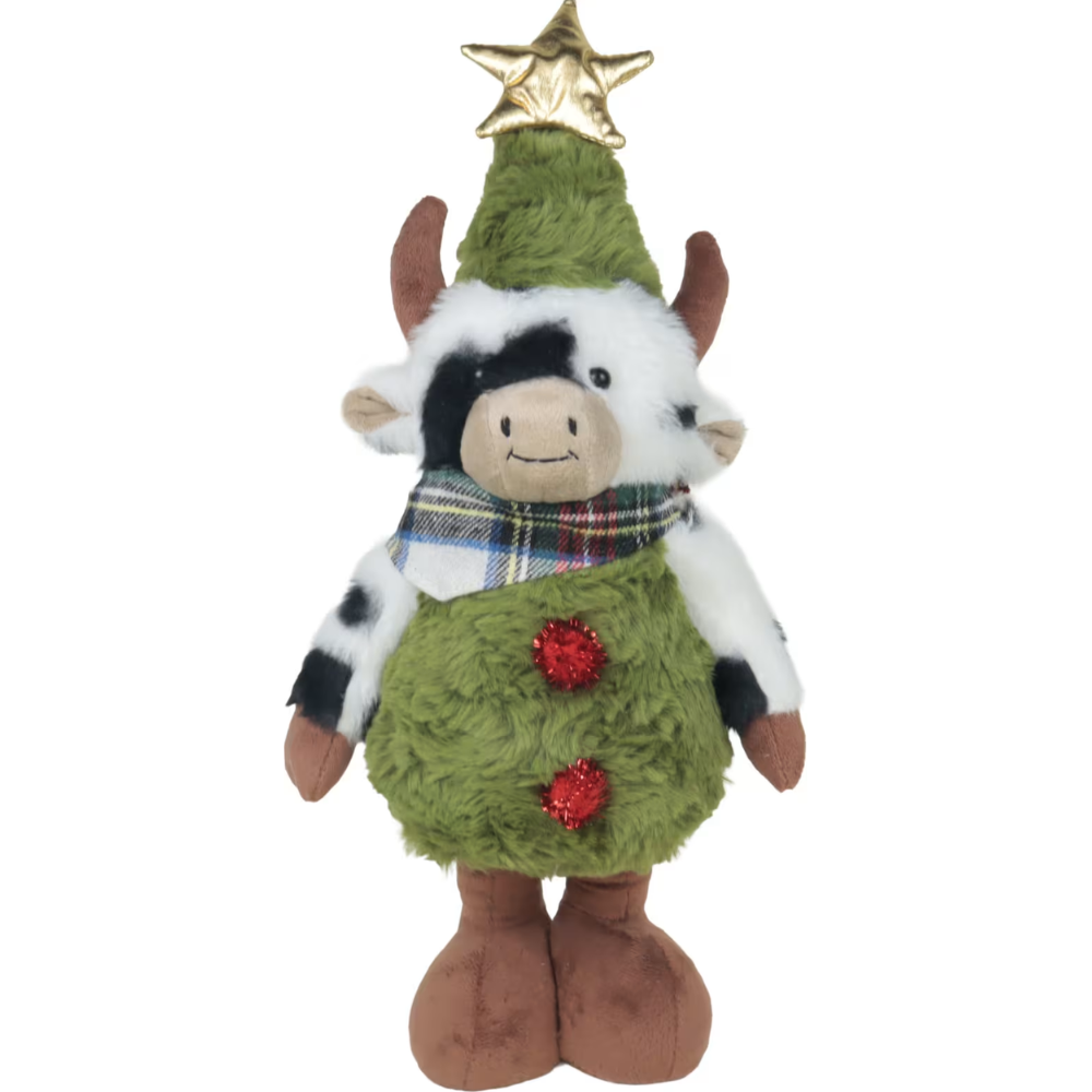 Woodlodge small standing plush cow dressed in a green Christmas tree suit with a gold star topper