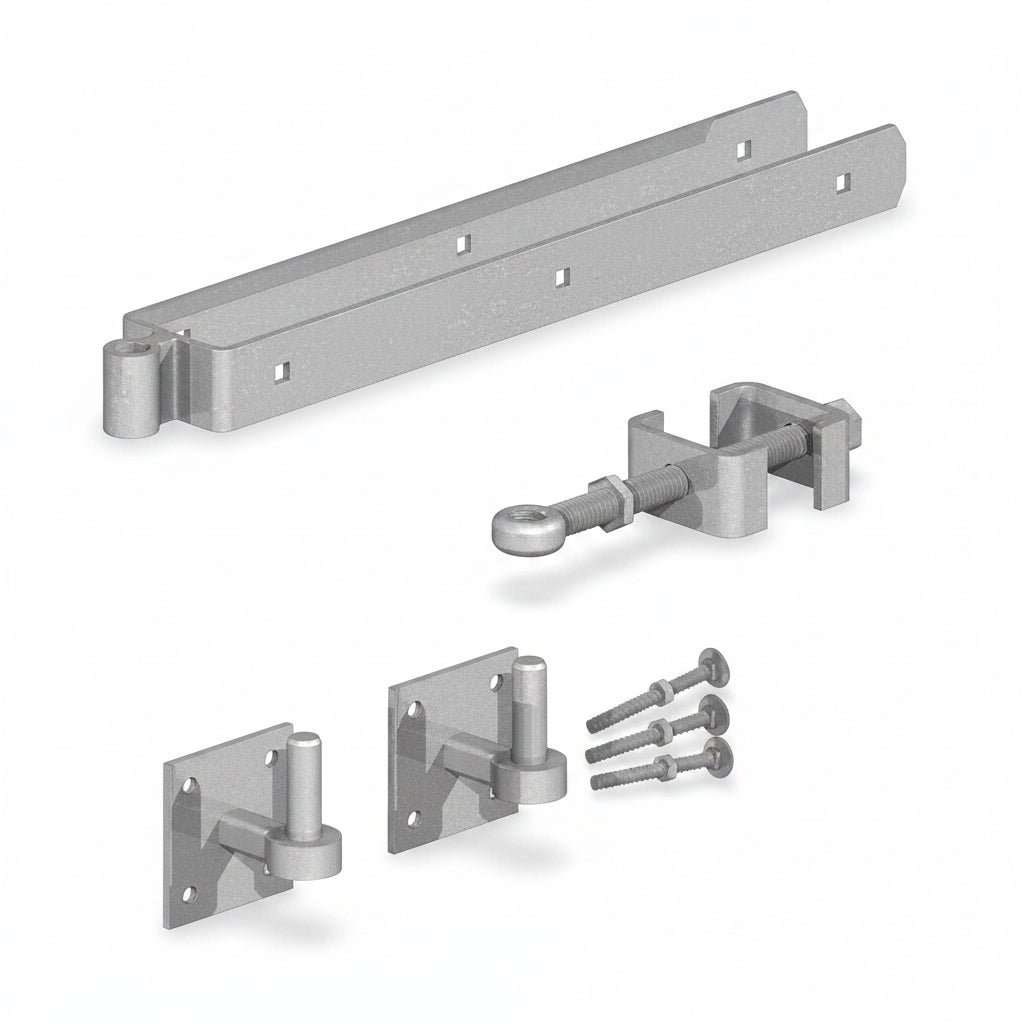Birkdale 600mm galvanised adjustable double strap hinge set with hooks on 4-inch square plates and fixings for a 3-inch timber field gate.