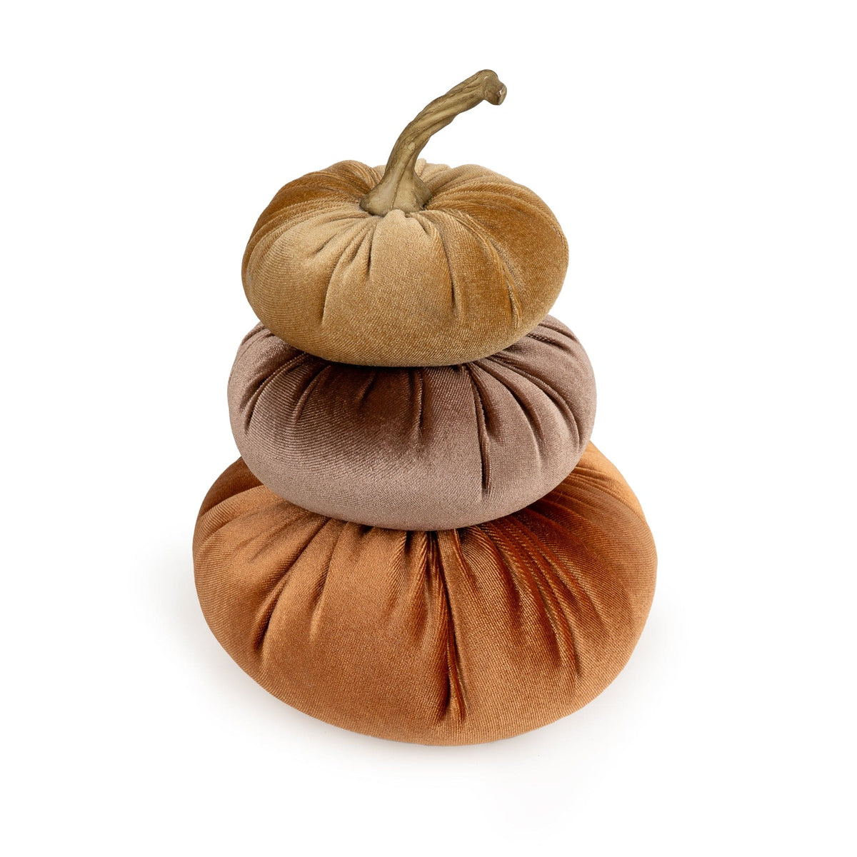 Candlelight trio of stacked velour pumpkin cushions in terracotta hues with a twisted stem