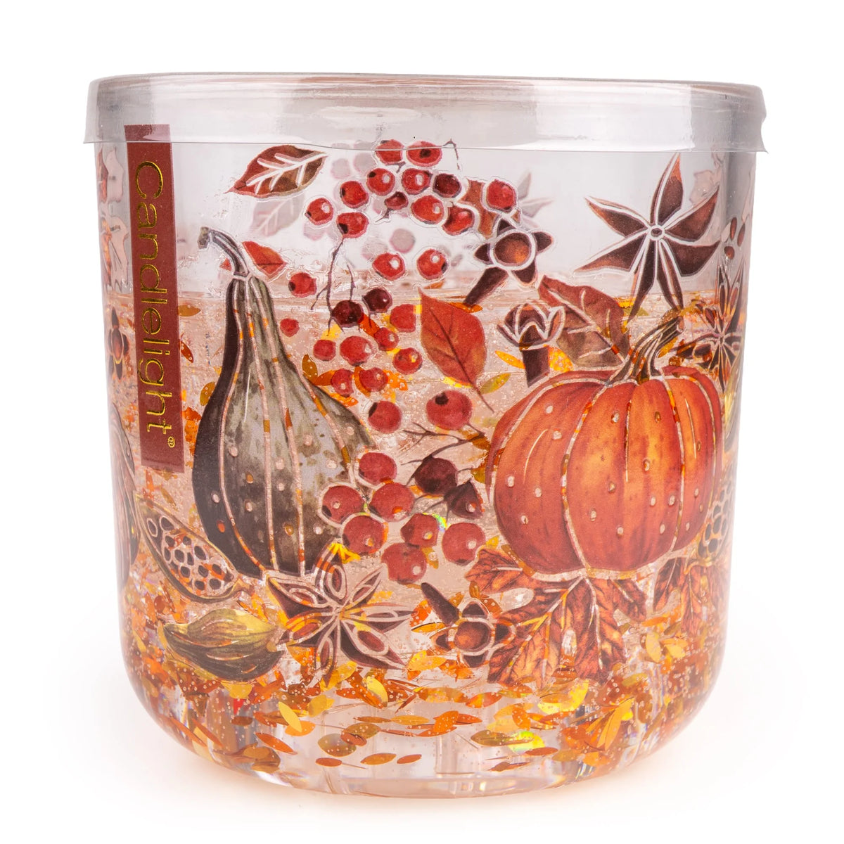 Candlelight Pumpkins Flora & Fauna LED candle in a printed clear glass vessel with pumpkin and autumn leaf illustrations