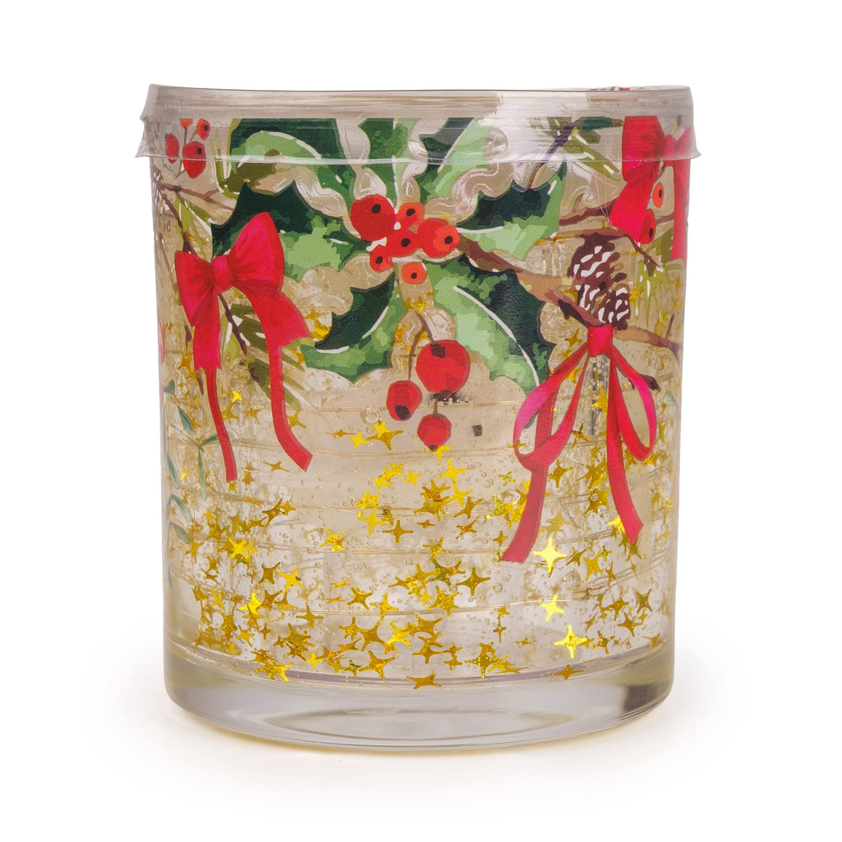 Candlelight Ribbon and Bows in Cream scented LED candle with gold star glitter and holly bow illustration-2