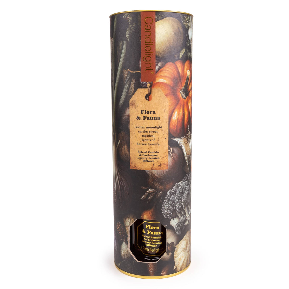 Candlelight Pumpkins Flora and Fauna 200ml reed diffuser in amber glass bottle with illustrated gift packaging tube