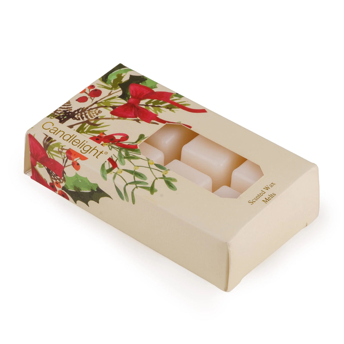 Candlelight Ribbon and Bows Cream 8 pack wax melts box showing festive holly and red bow illustrations