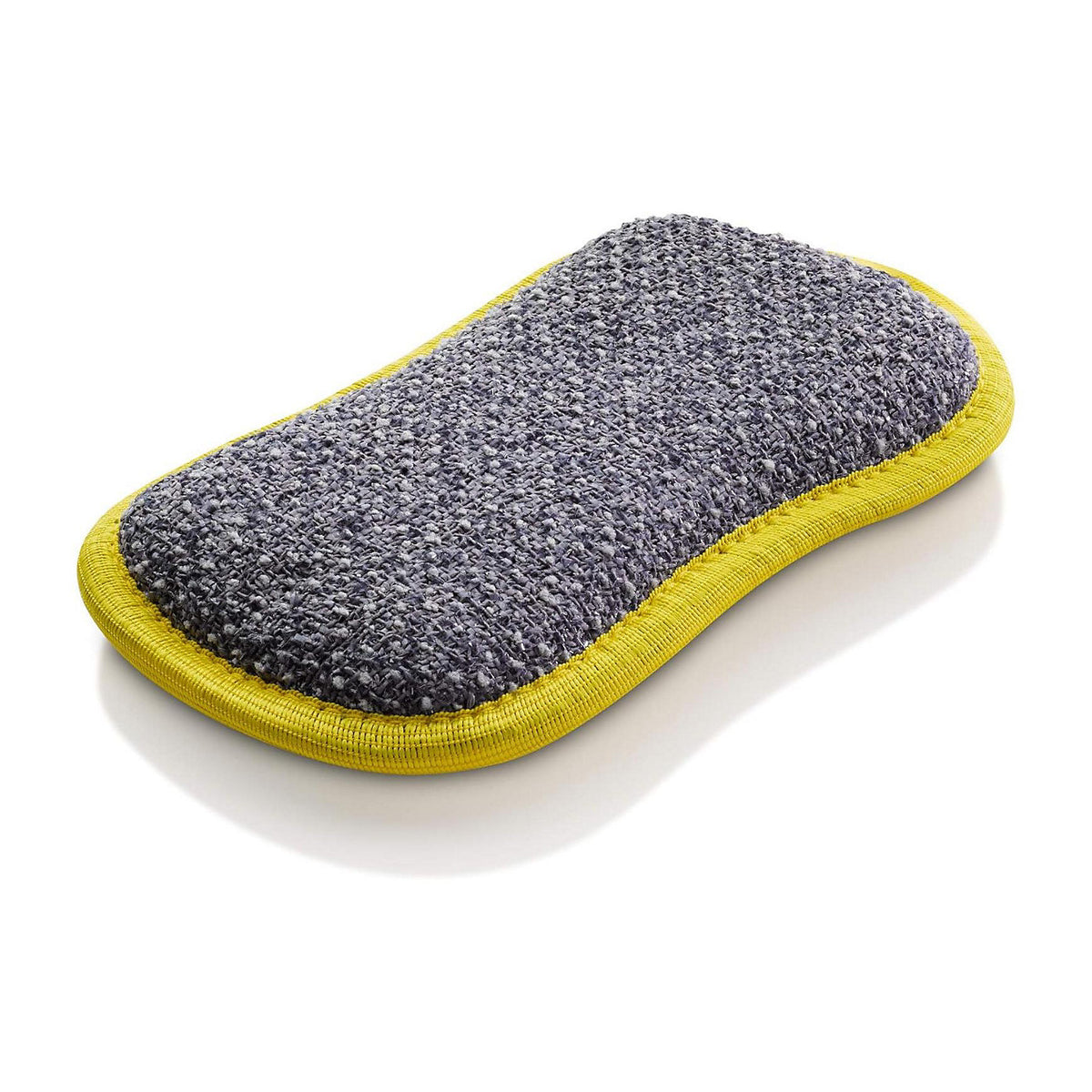 Grey double-sided E-Cloth Washing Up Pad with yellow trim next to blue retail package