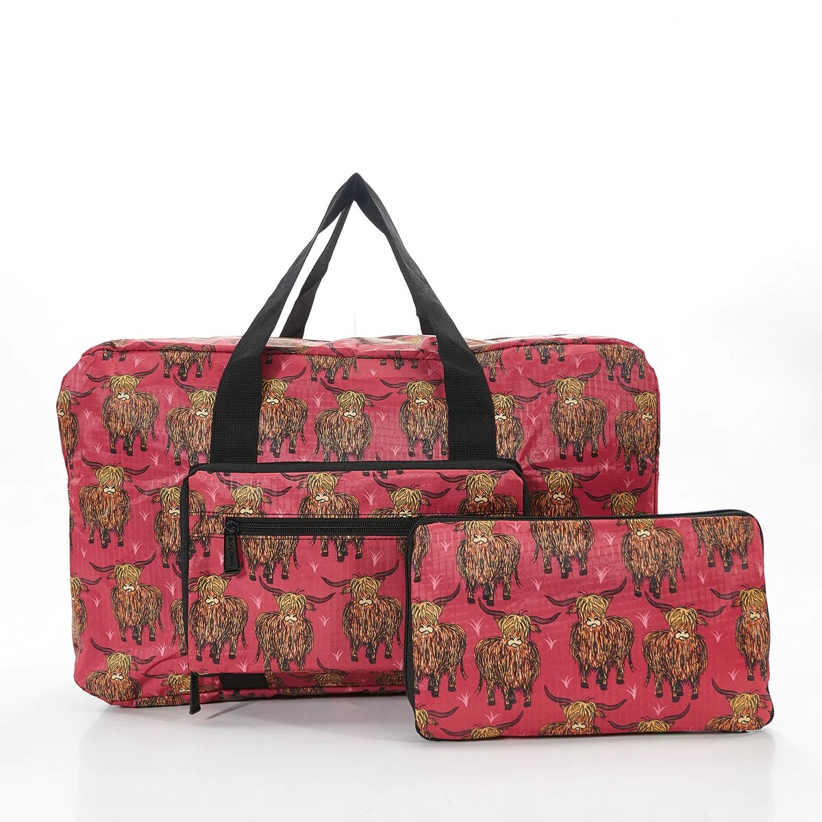 Eco Chic Lightweight Foldable Holdall Highland Cow Red
