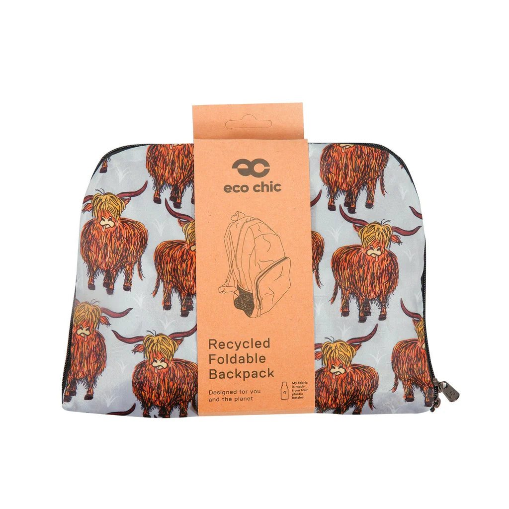 Eco Chic Lightweight Foldable Grey Highland Cow Backpack