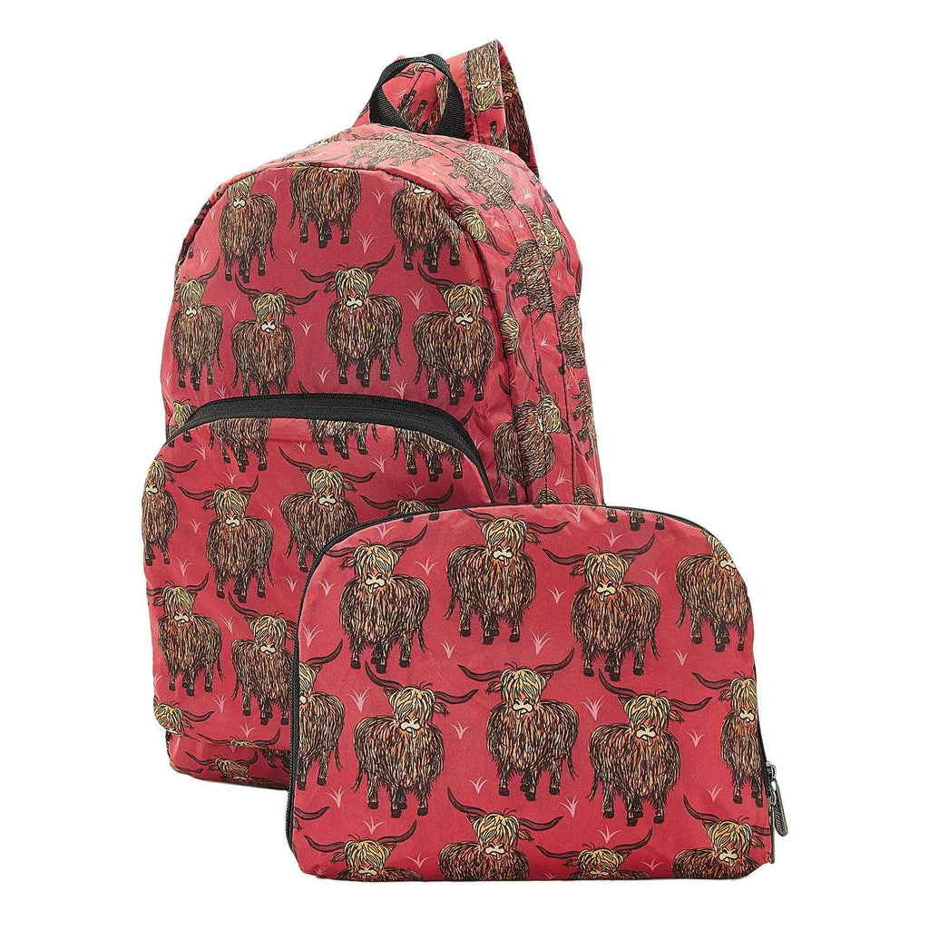Eco Chic Lightweight Foldable Backpack Highland Cow Red