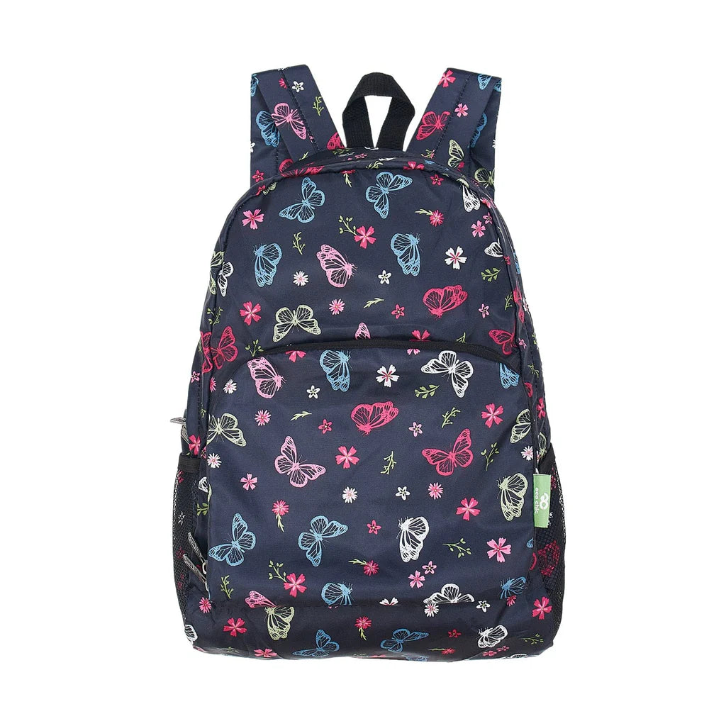 Eco Chic Lightweight Foldable Mini Backpack Black Monarch Butterflies