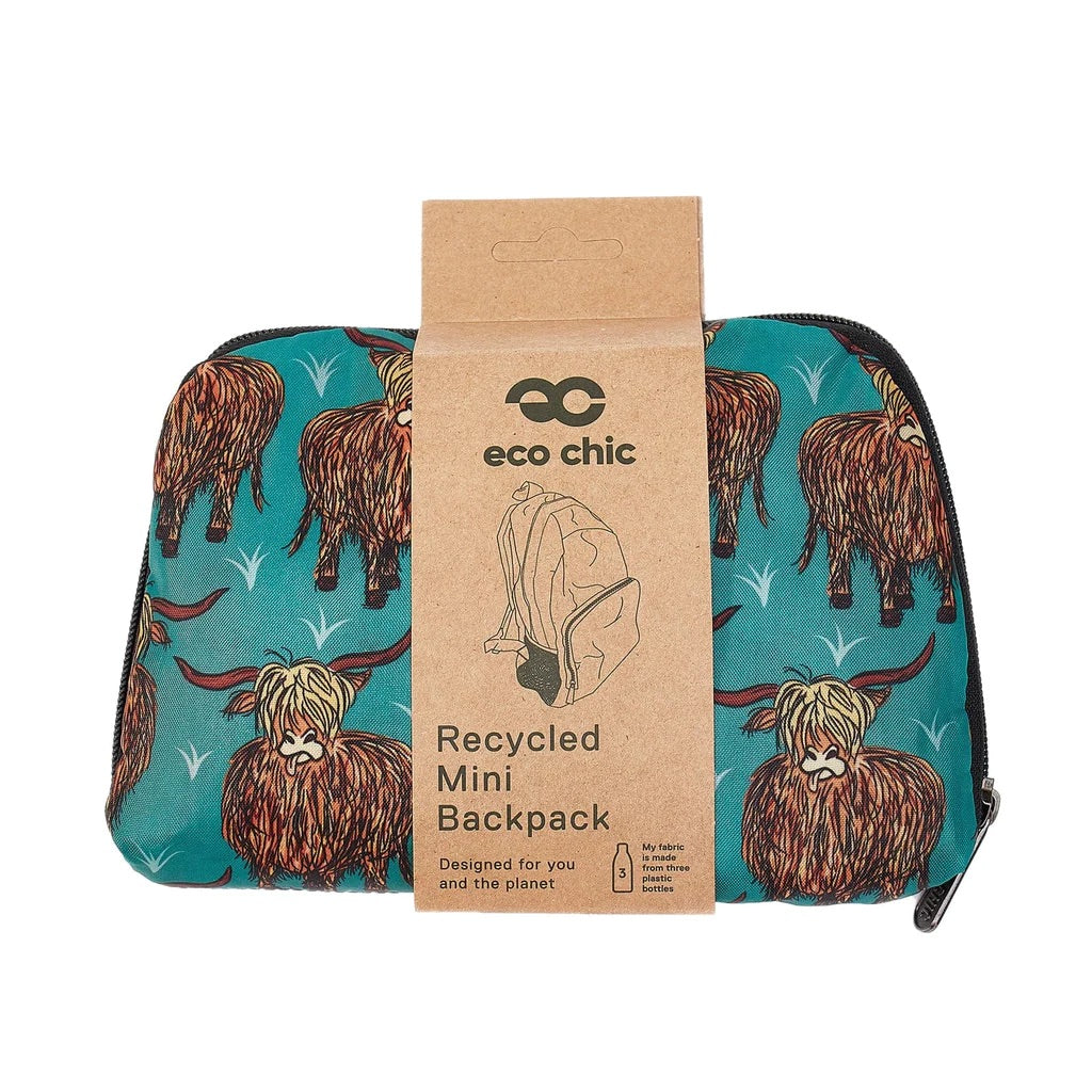 Eco Chic Lightweight Foldable Mini Backpack Highland Cow Teal