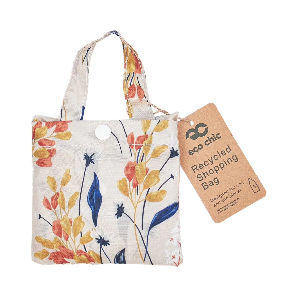 Eco Chic Lightweight Foldable Reusable Beige Flowers Shopping Bag