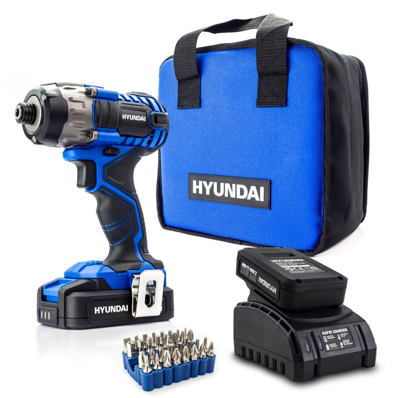 Hyundai 20V MAX 180Nm Li-Ion Cordless Impact Driver and 32-Piece Drill Bit Accessory Set