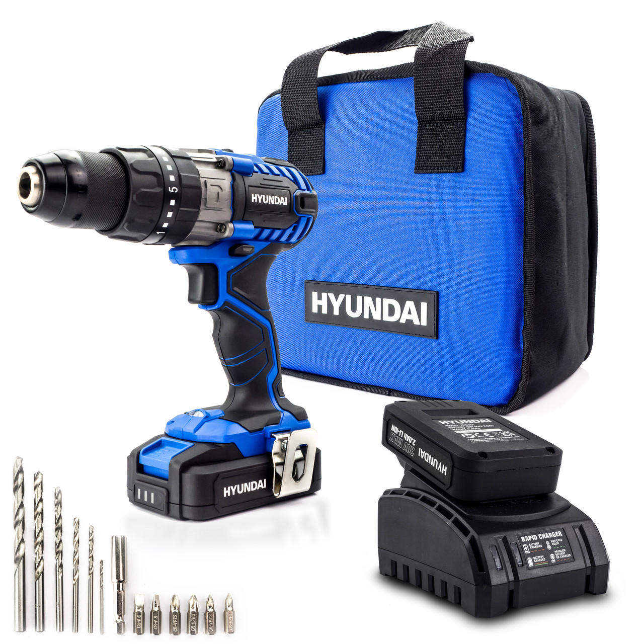 Hyundai 20V MAX Li-Ion Cordless Drill Driver with 13-Piece Drill Accessory Kit