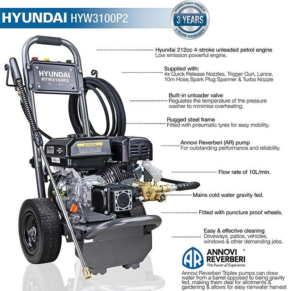 Hyundai HYW3100P2 + 85.403.005 3100psi Petrol Pressure Washer & 18" Flat Surface Cleaner