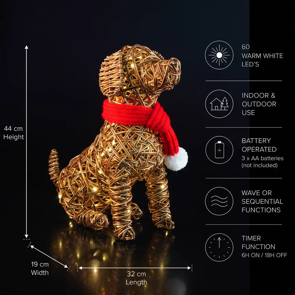 Noma 44cm brown wicker sitting dog garden light ornament with 60 warm white LEDs