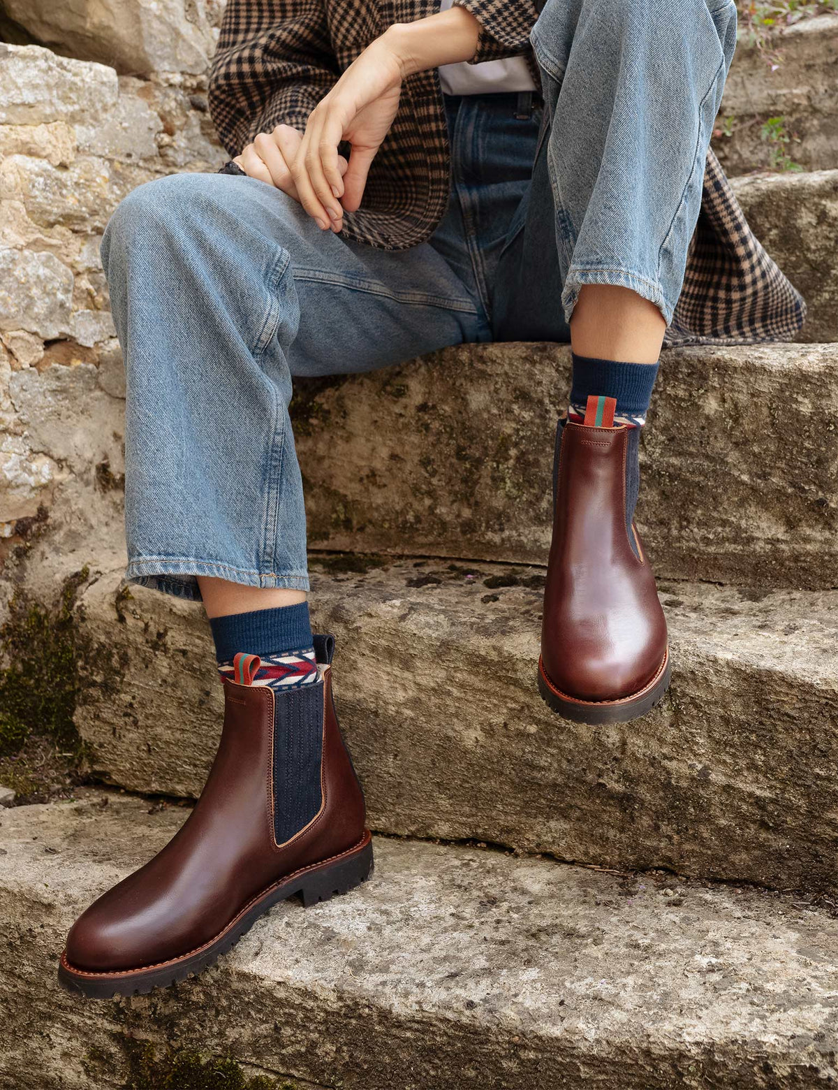 Penelope Chilvers Oscar conker leather wool lined Chelsea boot with navy elastic gusset and commando rubber sole