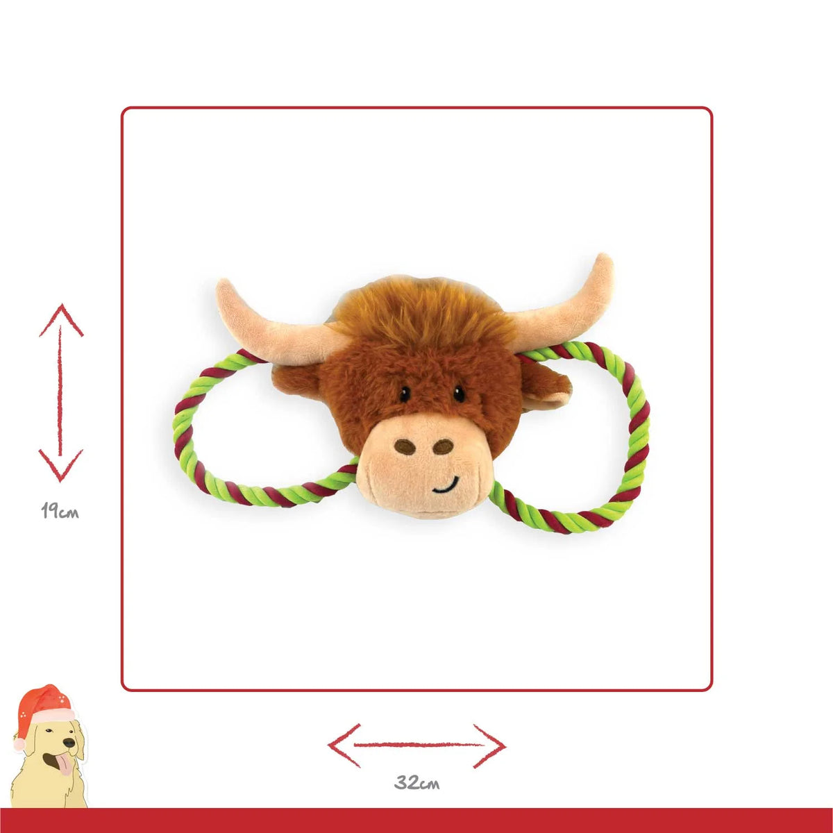 Happy Pet Herby Highland Cow tug of war Christmas dog toy with rope ring