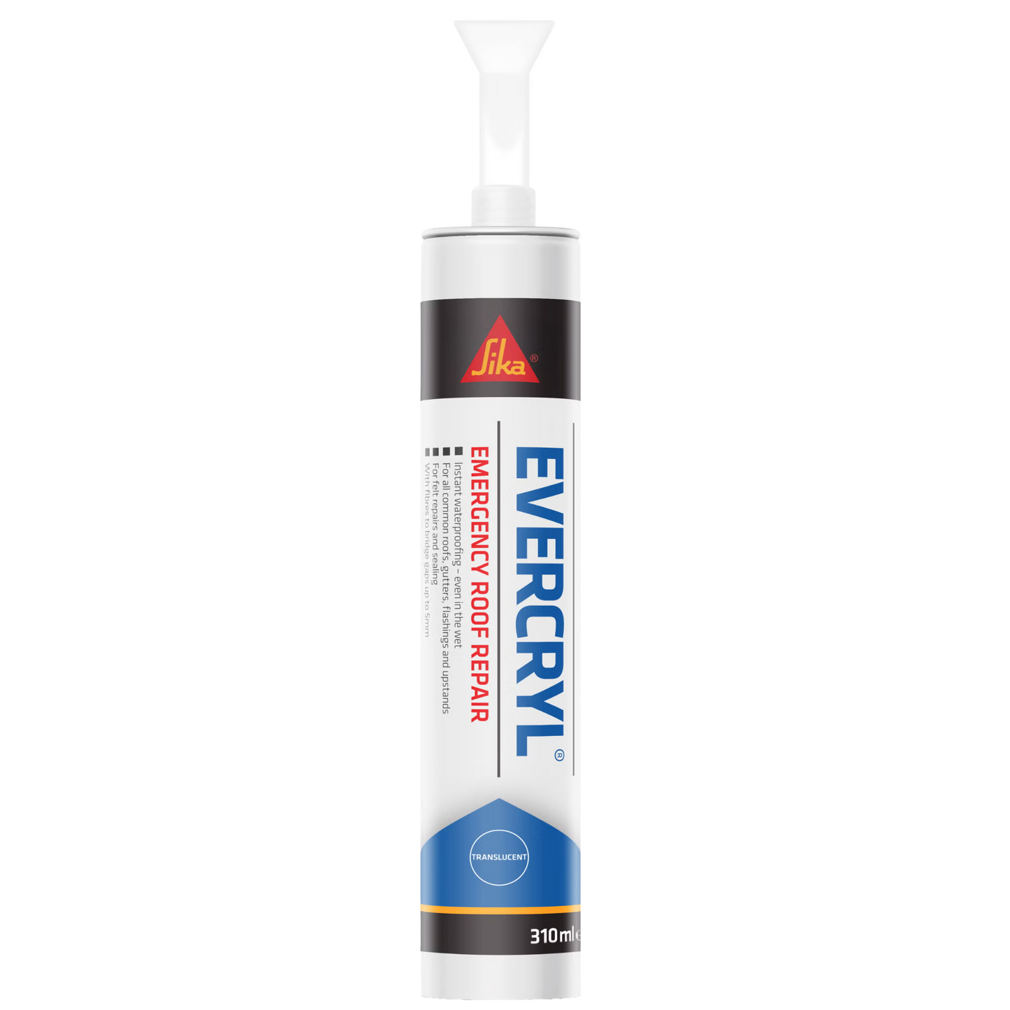 Sika Evercryl Emergency Roof Repair 310ml translucent cartridge for instant wet weather leak sealing.
