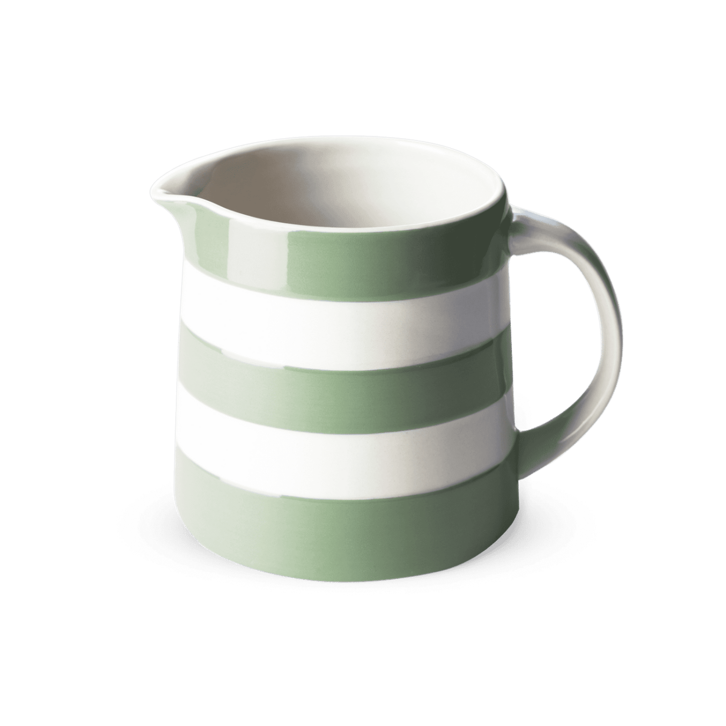 Cornishware Willow Green and white striped 20oz Dreadnought Jug showing the handle and pouring spout.