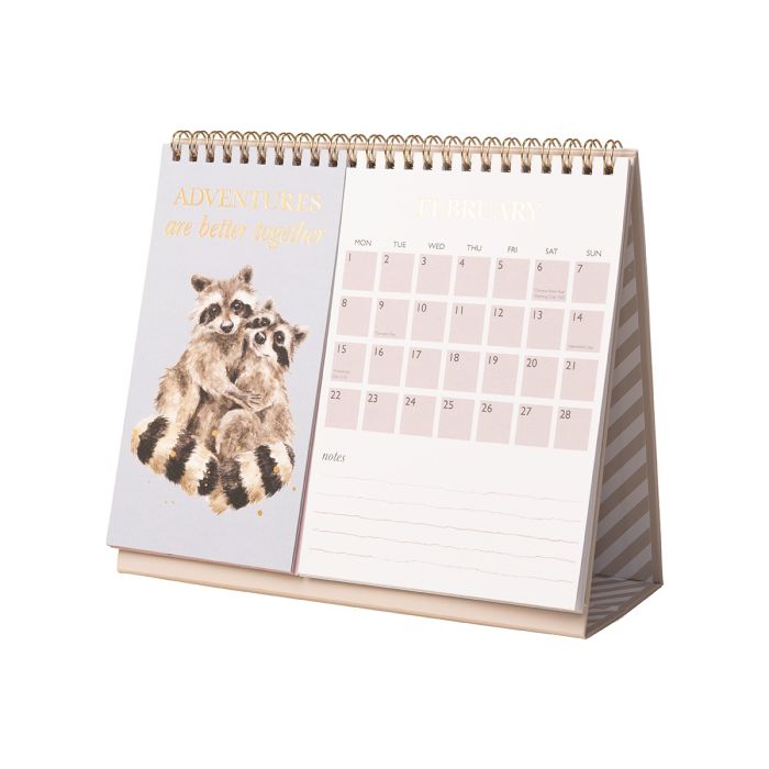 Wrendale Designs 2027 freestanding desk calendar showing animal illustrations and gold foil details