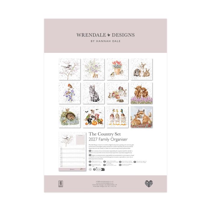 Wrendale Designs The Country Set 2027 family calendar showing monthly layout and countryside illustrations