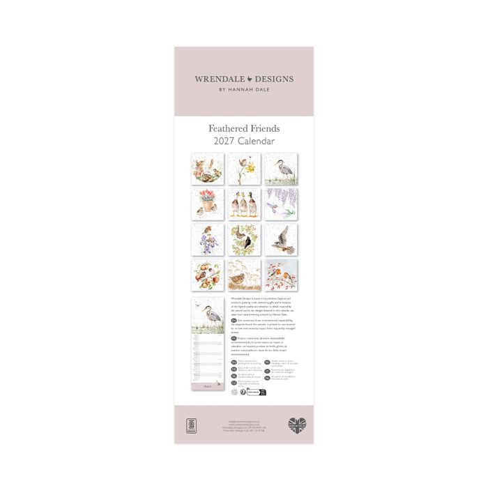 Wrendale Designs Feathered Friends 2027 slim calendar showing bird illustrations and monthly layout
