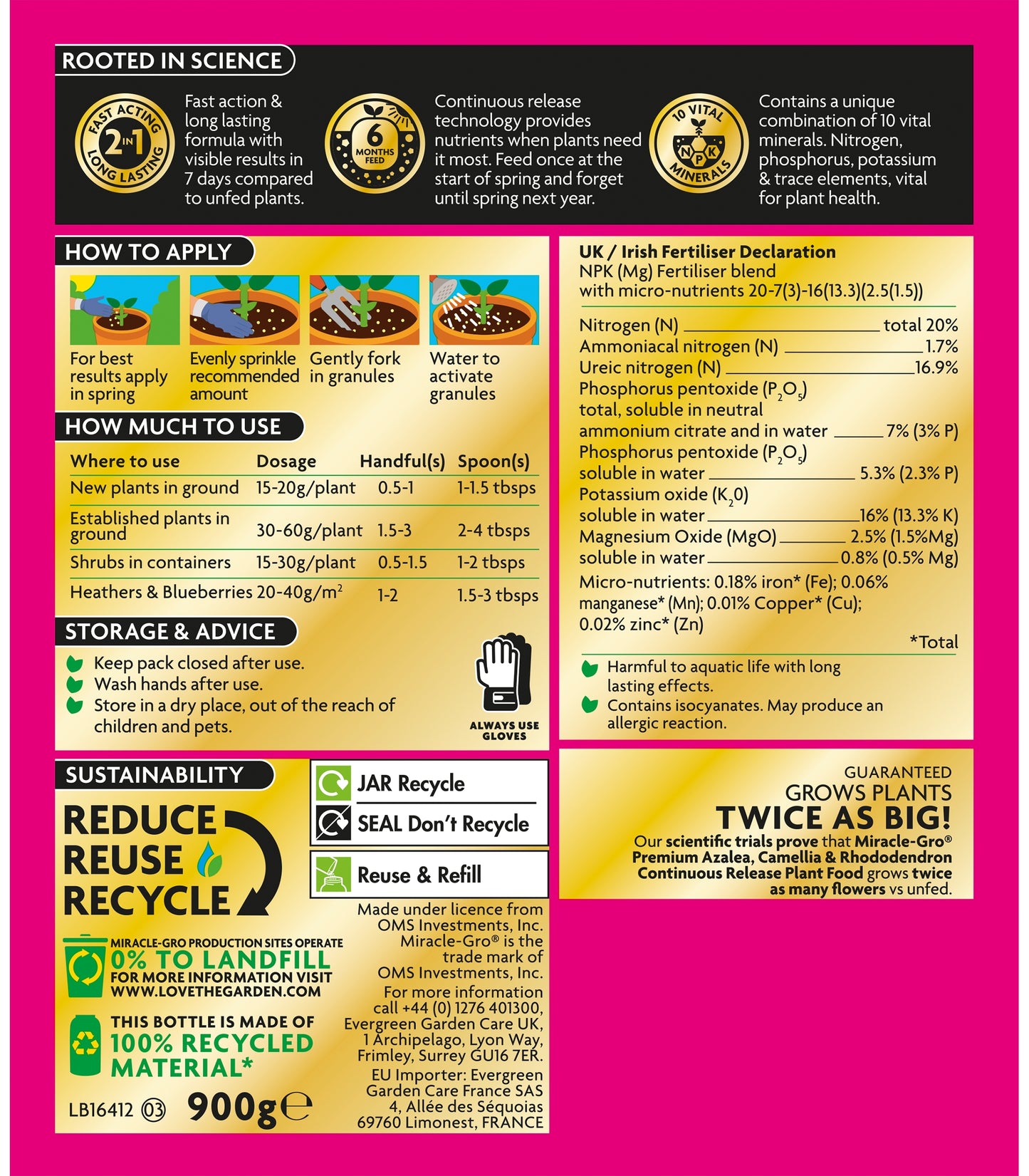 Miracle-Gro Compost Azalea, Camelia & Rhododendron Continuous Release Plant Food 900g