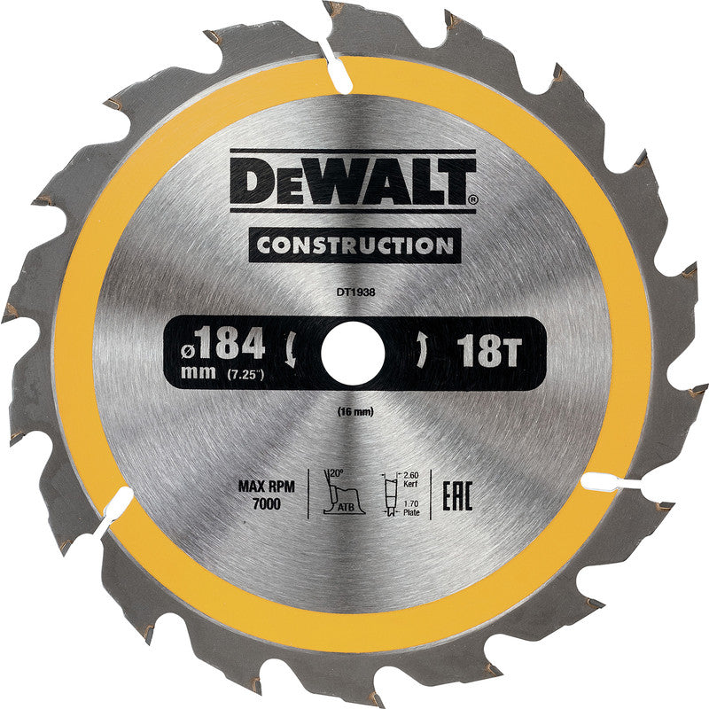 Dewalt Circular Saw Blade 184 x 16 x 18T