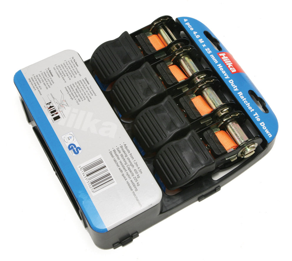 Hilka 4-Piece 25mm x 4.5m Ratchet Tie Downs